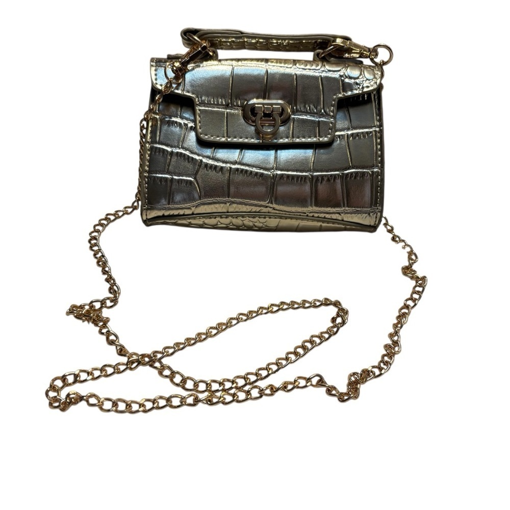 NEW Mini Bag Gold Croc-Embossed Adjustable Gold Chain Strap Metallic Adorable